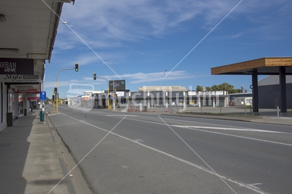 SH1 as it passes through Otaki township. Normally bustling with cars and people, the streets are almost deserted because of the Covid-19 crisis