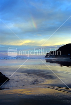 Waimarima Beach, Sunset with rainbow, Hawkes Bay, New Zealand