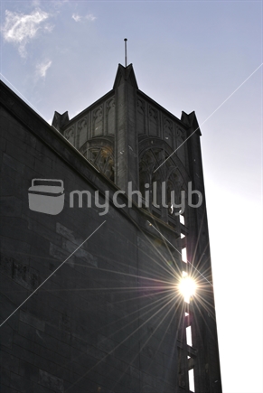 Sun shining thru Bell Tower of Christ Church Cathedral - Nelson