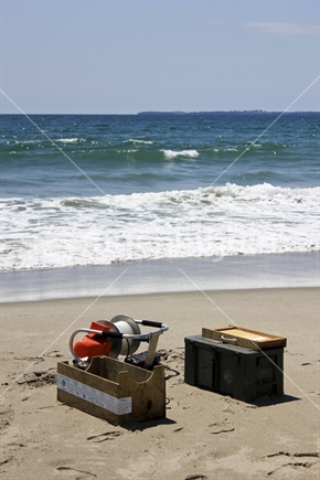 Electric kontiki fishing gear on a beach, New Zealand.