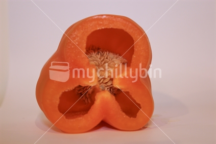 Orange pepper capsicum on white background cut open, focus on seeds inside.