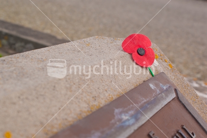 Red ANZAC poppy on a grave.