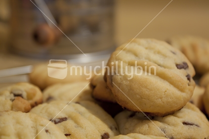 Home baked chocolate chip biscuits.