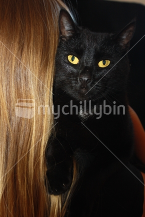 Black cat seen over blonde girl's shoulder.