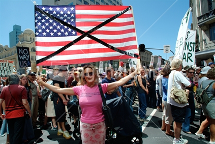 Woman in the Anti Iraq War March in March 2003 (10,000 people marched up Queen St)  Auckland, New Zealand.