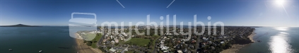 Aerial panoramic view of Narrowneck beach, North Shore, Auckland