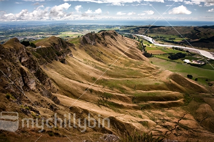 A view from Te Mata Peak looking over the Tuki Tuki River and Hawkes Bay towns in the background. This is a favourite spot for hang gliders.
