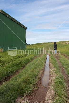 Woman walking up a muddy farm track, past a barn.