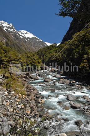 Mountain River Flowing over Boulders, Milford, Fiordland, New Zealand