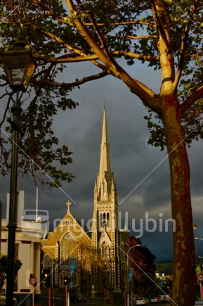 Knox Church in Dunedin, Otago viewed from main street at twilight