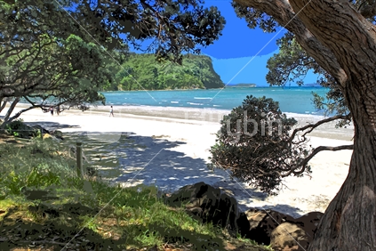 A photograph with graphic filters to blend the two. Wall art. The scene is a beach scene from under the shows of a Pohutukawa tree