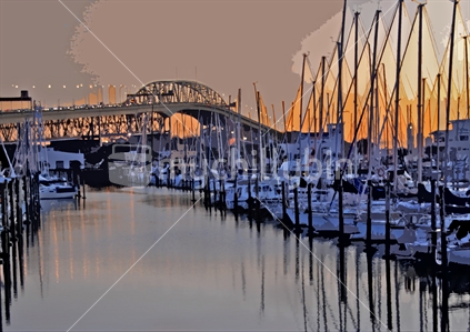 A photograph with graphic filters to blend the two. Wall art. Scene is a tranquil sunset with Auckland harbour bridge above Westhaven marina boats