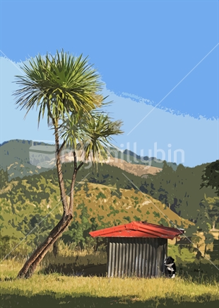 A photograph with graphic filters to blend the two. Wall art. Scene is a rural farm land with sheep dog at his kennel beneath a cabbage tree