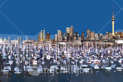 A photograph with graphic filters to blend the two. Scene is CBD Auckland skyline with Westhaven marina in foreground. Wall art