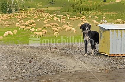 Wall art.  Rural scence of a Dog and kennel, with sheep grazing in the background, with filters applied. 