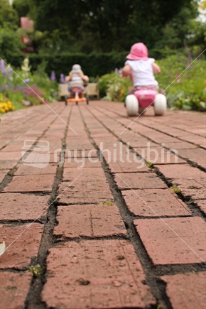 2 sisters enjoy a  race on their bikes along a garden path (foregrond focus).