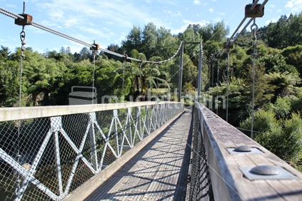 A view of the suspension walk bridge in the Karangahake Gorge, Waihi.
