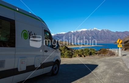 Camper with Lake Hawea background