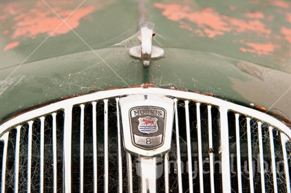Detail of vintage Morris 8 automobile grill and medalion