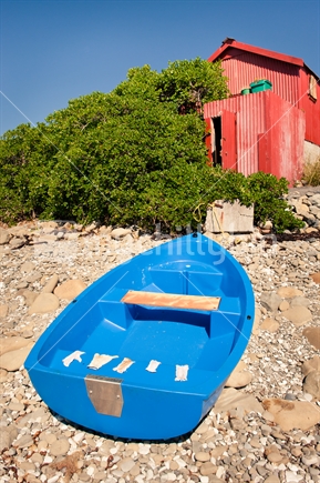 Bright blue boat tied to bright red bach on beach.  Gloves used for pawa and spiney lobster drying on boat