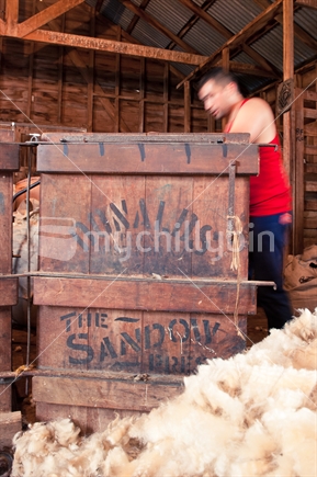 Antique Sandow Wool Press, With Beautiful Old Lettering, Being Filled By Member Of Shearing Team