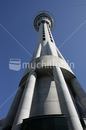 Auckland Sky Tower from the base on a clear blue day