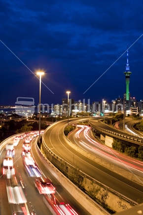 Auckland Spaghetti Junction Motorway and Skytower.