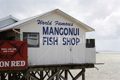 World famous Mangonui Fish Shop on the sea, Mangonui, Northland, New Zealand.