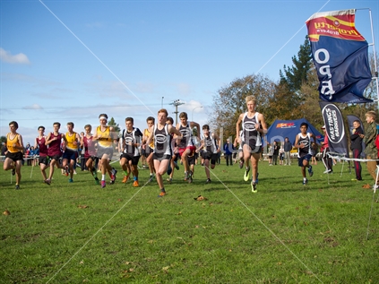 The start of a cross country race for teenage men at Hastings