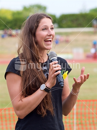 Eliza McCartney talking to the Potts Classic crowd at the Hawke's Bay Sports Park, January 2017