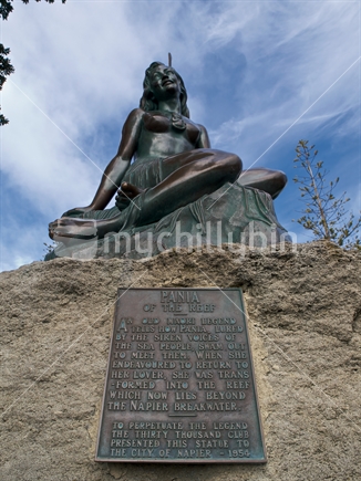 The statue of Pania of the Reef at Napier, showing the plaque (focus). 