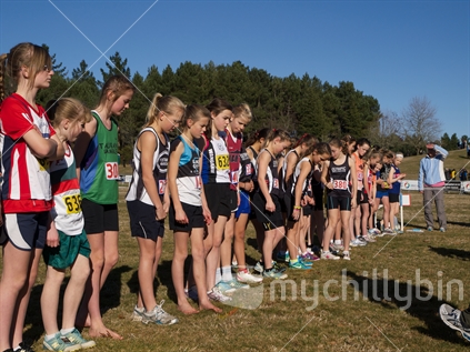 Girls lining up for a cross country race at the North Island Cross Country Champs, Taupo, 2012
