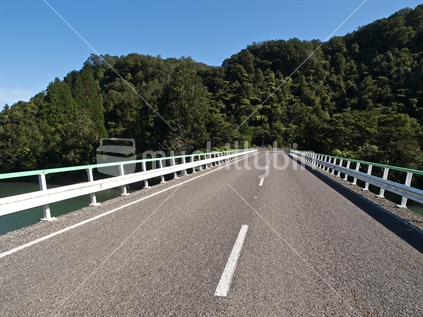 The bridge over the lower reaches of the Motu River, Bay of Plenty, New Zealand.