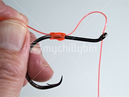 Tying a snell knot to a circle hook.