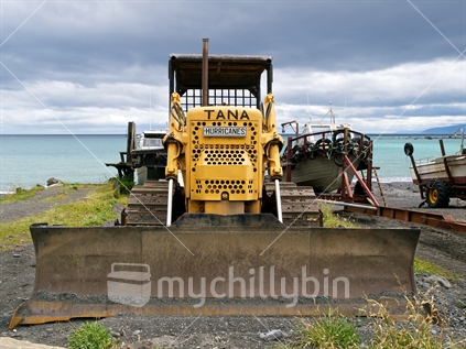 An old bulldozer ''TANA Hurricanes' used to tow a commercial fishing boat at Ngawi, Wairarapa