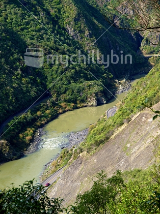 Manawatu Gorge, showing road, river and railway