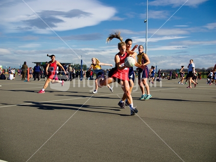 Netball players in action at the Hawke's Bay Sports Park, New Zealand