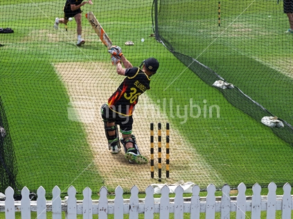 A man hitting a cricket ball in the nets at the Basin Reserve, Wellington
