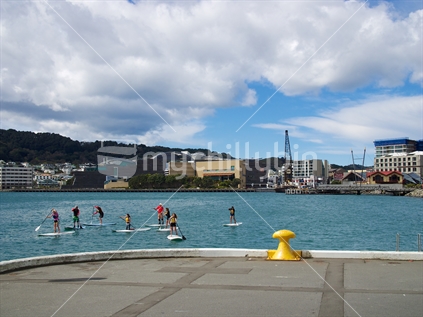 Schoolgirls learning to use stand-up paddle boards on Wellington Harbour