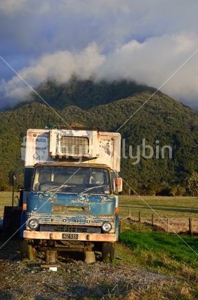 old freezer truck from pioneering deer recovery operation deserted on a farm at Fox Glacier, South Westland