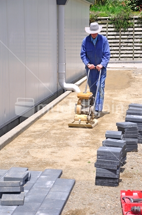 Builder using a vibrating roller before setting out paving stones for a pathway at a construction site in Westland