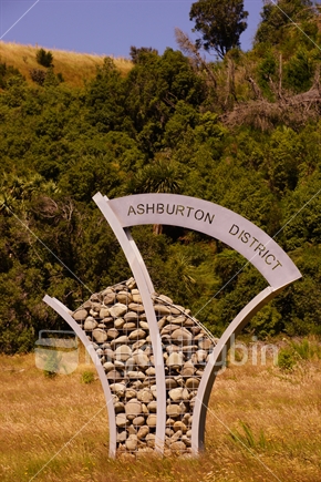 Ashburton District sign at Rakaia Gorge, Canterbury, South Island, New Zealand.