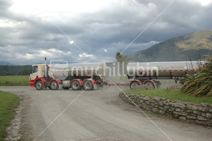 Westland Milk Products tanker collecting milk from dairy farm, Westland, New Zealand.