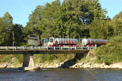 Westland Milk Products tanker crossing the Haupiri River Bridge, Westland, New Zealand.