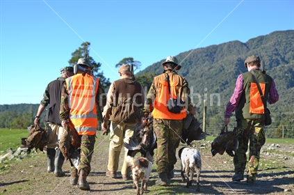 A group of friends return from their pheasant hunt with plenty of game on the West Coast of New Zealand