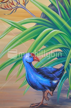 acrylic painting of a New Zealand Takahe under a flax bush 