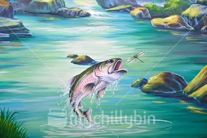 Concert backdrop painting of a New Zealand  trout jumping for a dragonfly