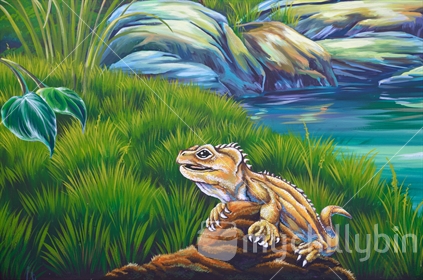 Acrylic painting of a New Zealand Tuatara on a rock