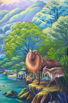 Painting of New Zealand's West Coast, featuring  tahr