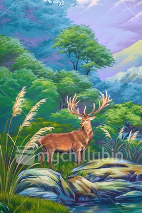 Painted red stag in outdoor forest setting